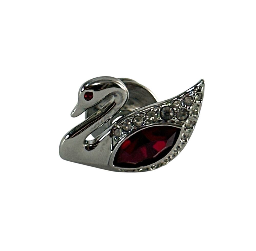 Swarovski Swan Lapel Pin Red Marquise Clear Pavé Crystal Silver Tone Signed